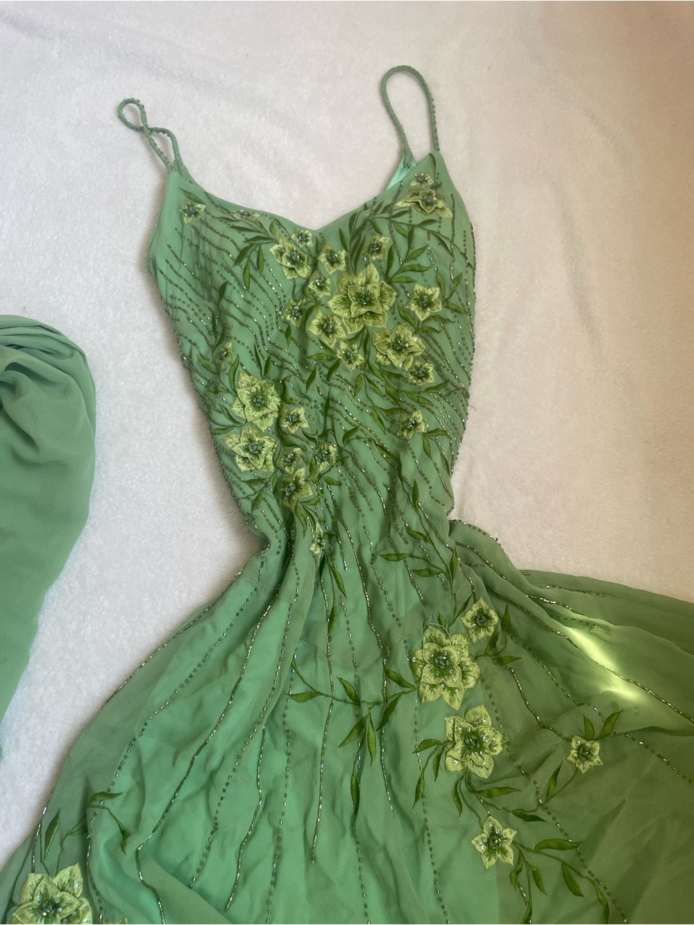 Rare VTG 100% Silk Sue Wong Fairy floral beaded Lime Green Dress w/ Silk Scarf - Picture 10 of 16